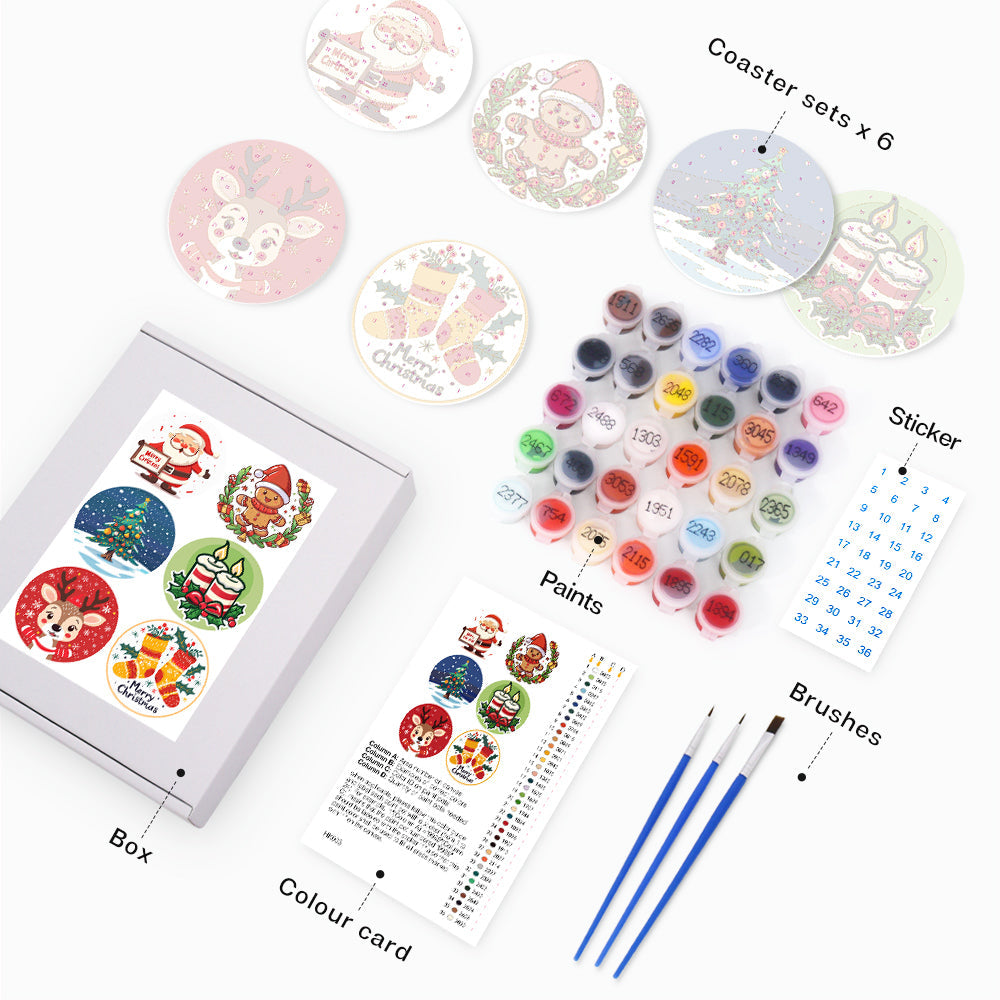 Christmas Print Paint By Numbers Coaster Set (6 Pack)