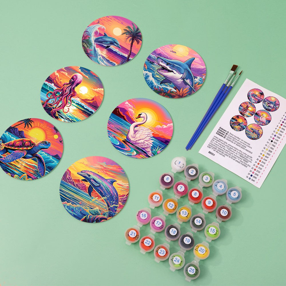Set de sous-verres à peindre avec motifs de vie marine (lot de 6)