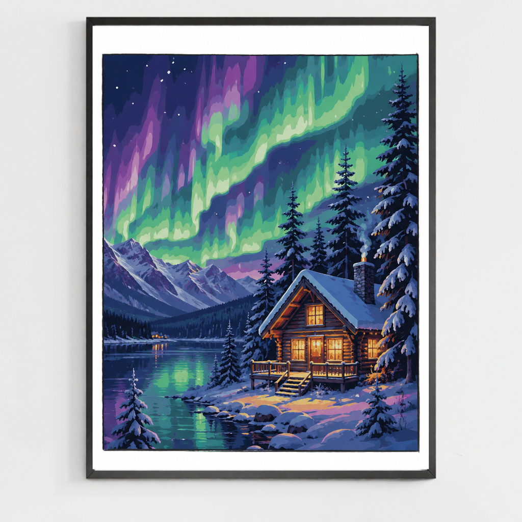 Cabane des aurores boréales - Peinture par numéros à faire soi-même