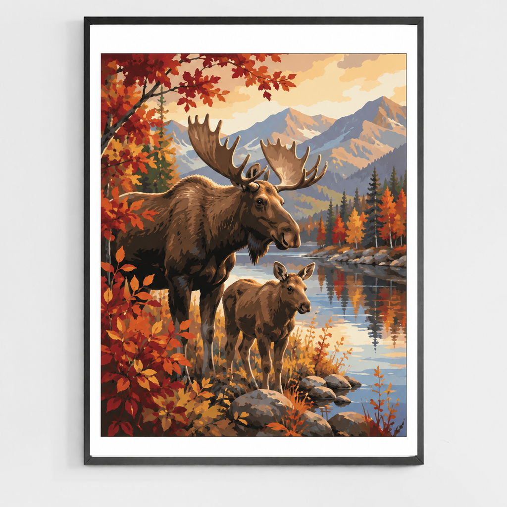 Famille d'orignaux en automne - Peinture par numéros à faire soi-même