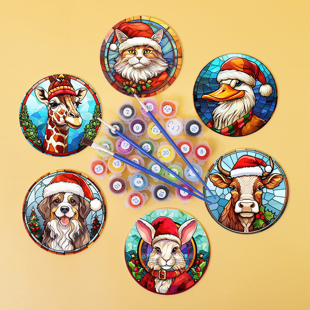 Dessin Peinture Par Numéros d'Animaux avec Bonnet de Noël, Ensemble de Sous-Verres (Lot de 6)