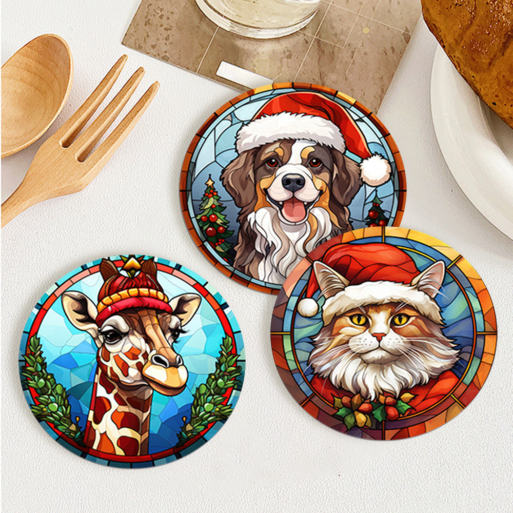 Dessin Peinture Par Numéros d'Animaux avec Bonnet de Noël, Ensemble de Sous-Verres (Lot de 6)