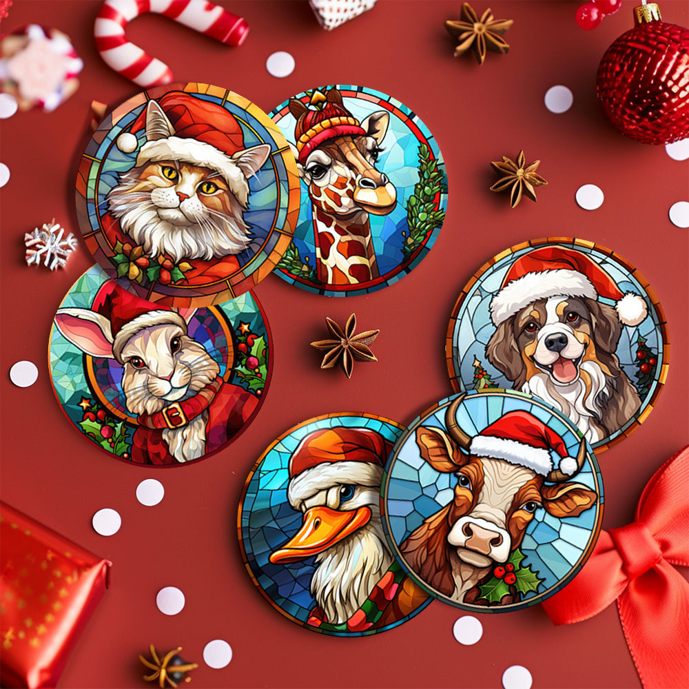 Dessin Peinture Par Numéros d'Animaux avec Bonnet de Noël, Ensemble de Sous-Verres (Lot de 6)