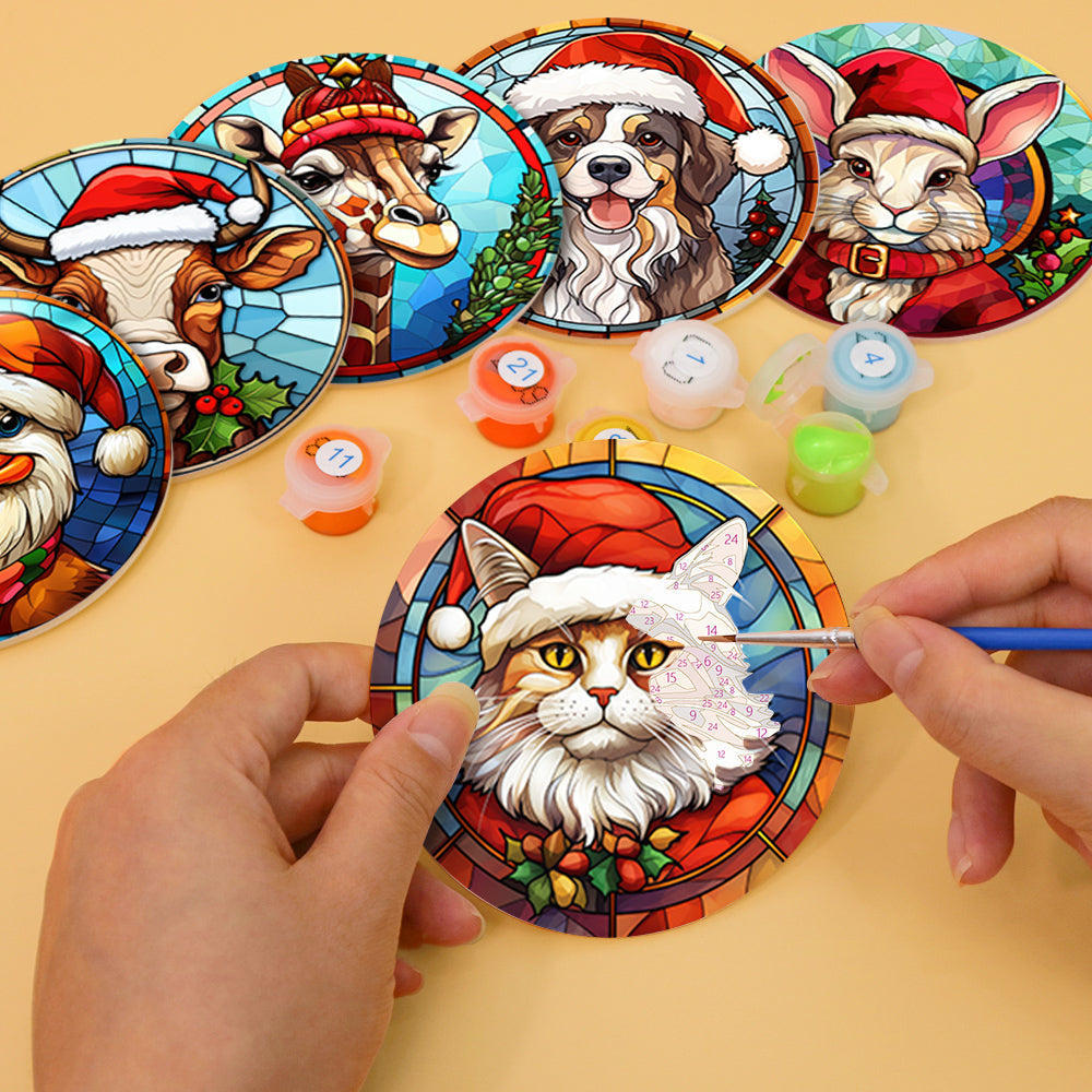 Dessin Peinture Par Numéros d'Animaux avec Bonnet de Noël, Ensemble de Sous-Verres (Lot de 6)