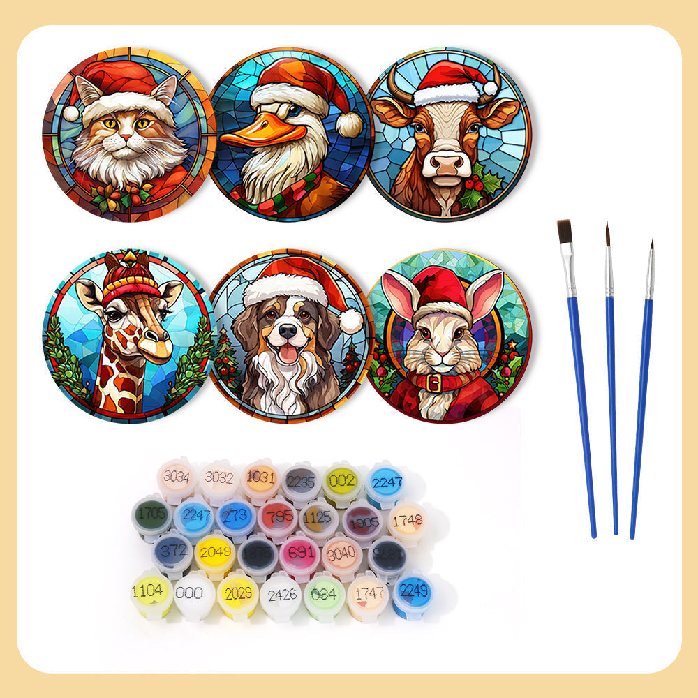 Dessin Peinture Par Numéros d'Animaux avec Bonnet de Noël, Ensemble de Sous-Verres (Lot de 6)